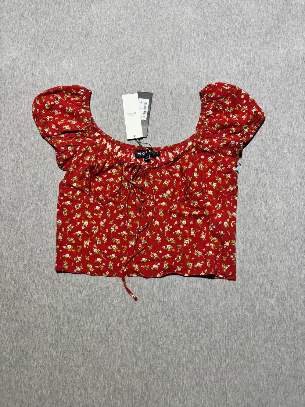 Motel Red Floral Puff-Sleeve Tie-Front Crop Top